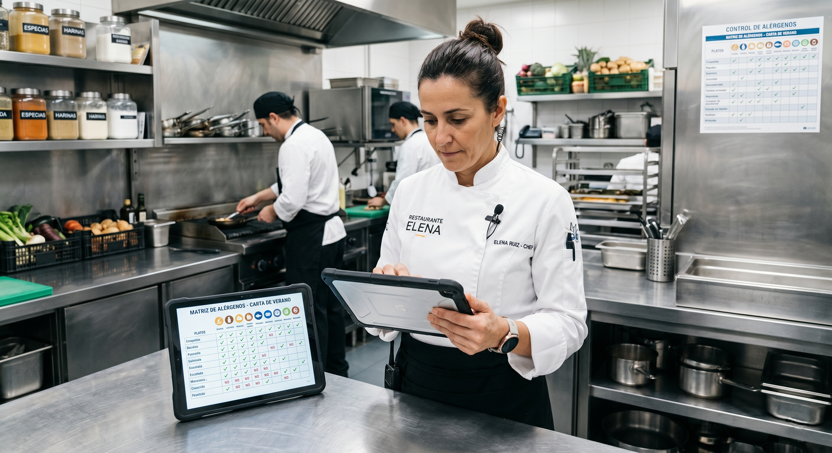 Una chef profesional en una cocina moderna de acero inoxidable revisa una matriz de alérgenos detallada en una tablet. Al fondo, se observa un equipo de cocina trabajando en un entorno limpio, organizado y tecnológico, transmitiendo un mensaje de control riguroso y seguridad alimentaria.