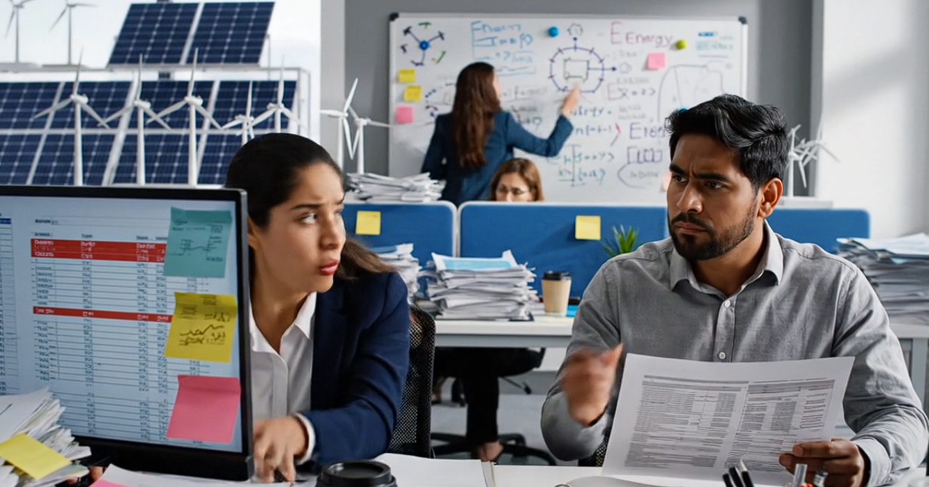 Dos personas en una oficina de una empresa solar rodeadas de documentos y expedientes sin orden