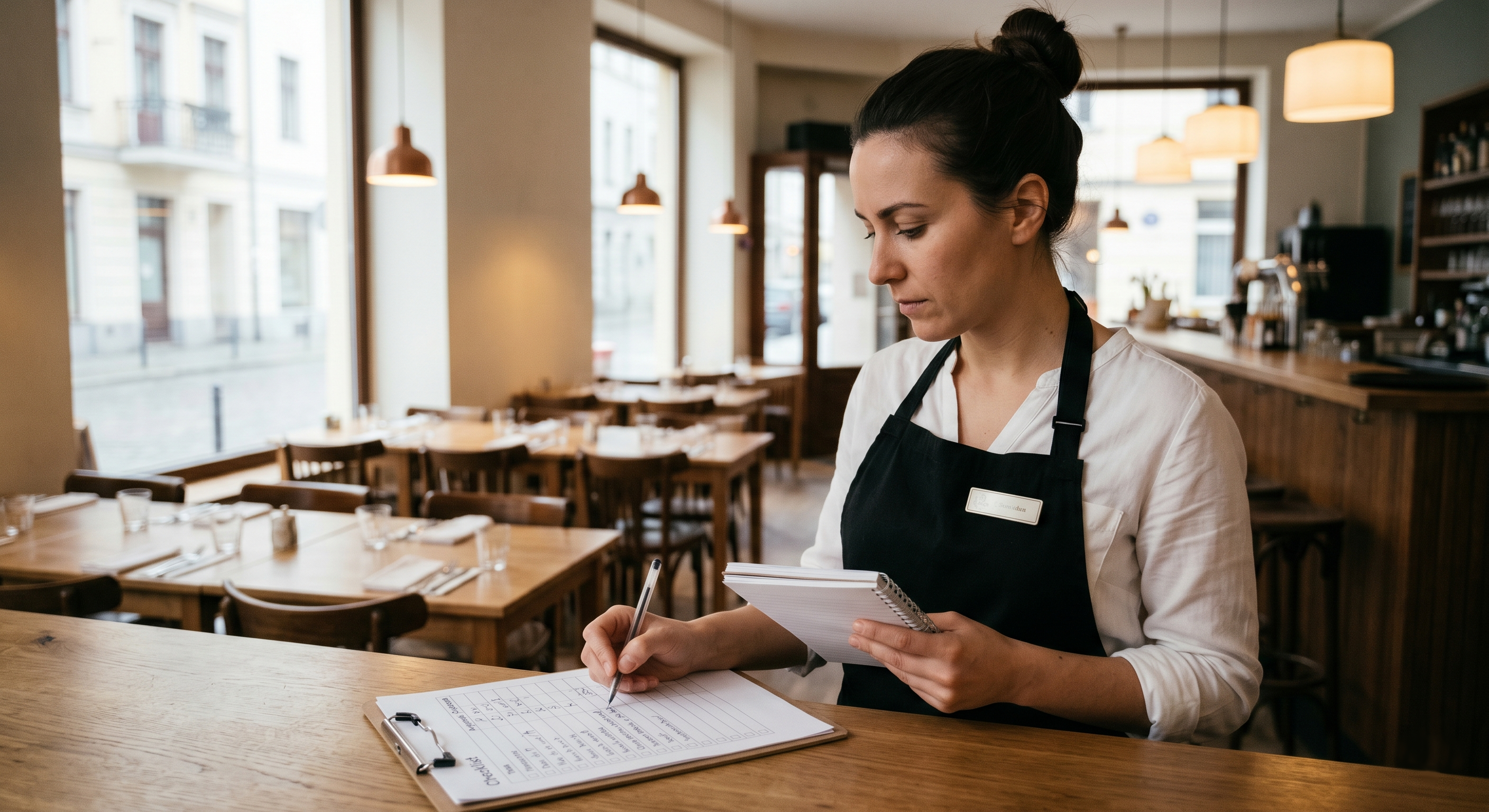 Una camarera de pie tras la barra de un restaurante luminoso y acogedor, concentrada mientras marca tareas en una lista de verificación (checklist) sobre una tabla con clip al inicio de la jornada. El salón del local aparece al fondo, impecablemente ordenado y preparado para la apertura, transmitiendo una sensación de organización, planificación y atención al detalle.