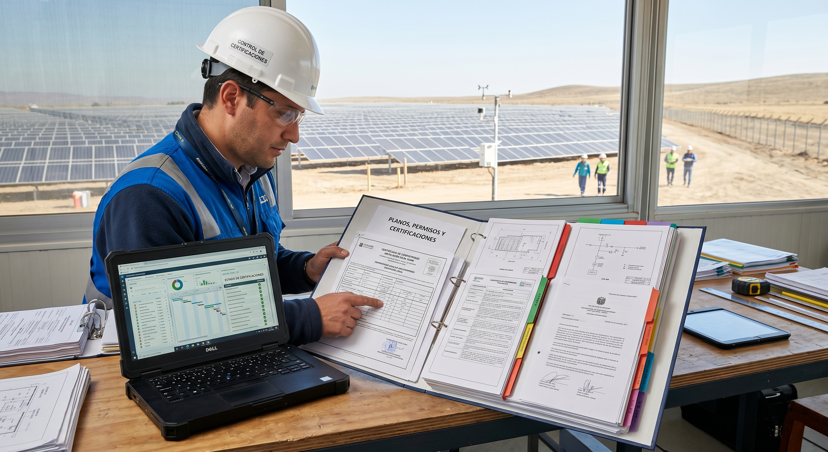 Un ingeniero de energías renovables, vestido con equipo de seguridad y un casco blanco, revisa meticulosamente una carpeta abierta con documentos técnicos, planos y certificados. Señala un documento titulado 'PLANOS, PERMISOS Y CERTIFICACIONES'. A su lado hay un ordenador portátil abierto que muestra tablas de control. El ingeniero se encuentra en una oficina de obra con un gran ventanal que ofrece vistas panorámicas de una extensa instalación de paneles solares fotovoltaicos en un paisaje árido bajo un cielo despejado. La imagen transmite organización, papeleo ordenado, gestión legal y tecnología en un proyecto de energía solar.