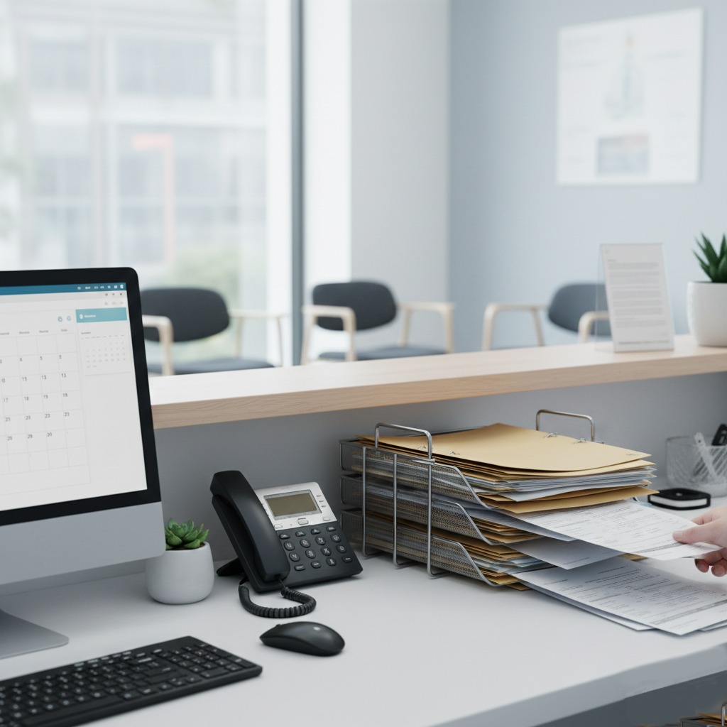 Primer plano de un mostrador de recepción en una clínica u oficina sanitaria moderna y minimalista. En el escritorio se observa un ordenador con un calendario de gestión de citas en pantalla, un teléfono fijo, un teclado y una bandeja organizadora con expedientes y documentos en papel. Al fondo, se aprecia una sala de espera luminosa con sillas dispuestas con orden, transmitiendo una sensación de eficiencia administrativa, limpieza y gestión profesional.
