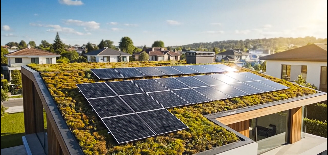 Instalación de paneles solares en tejado verde con gestión documental de proyectos
