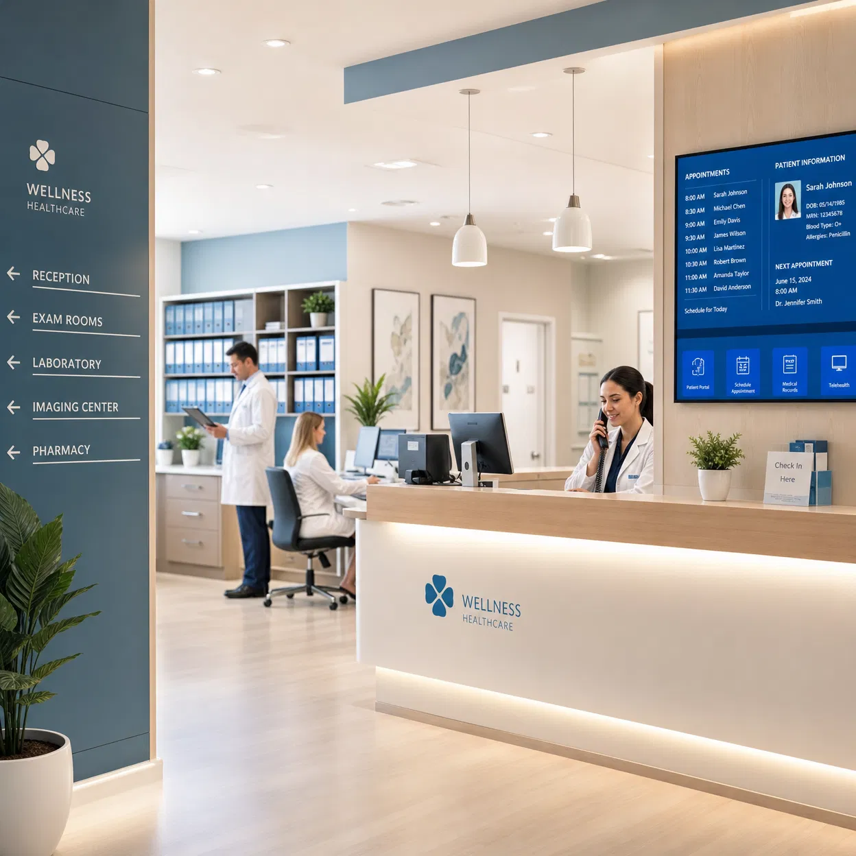 Recepción de clínica médica ordenada con sistema digital de citas